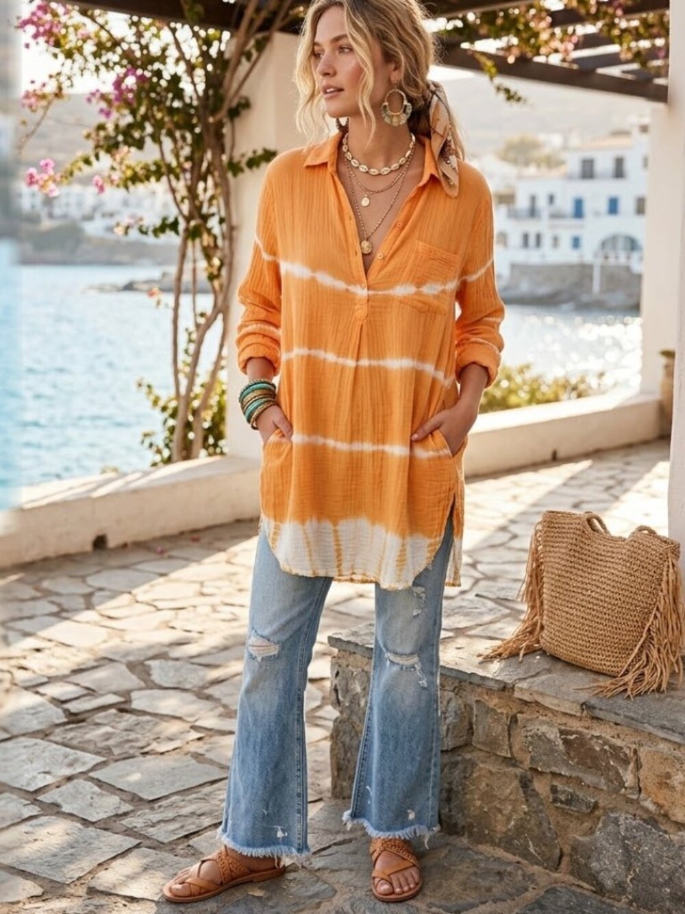 INGEAR Resort Tie Dye Print Crinkled Lightweight Tunic Ombre size L Boho Resort